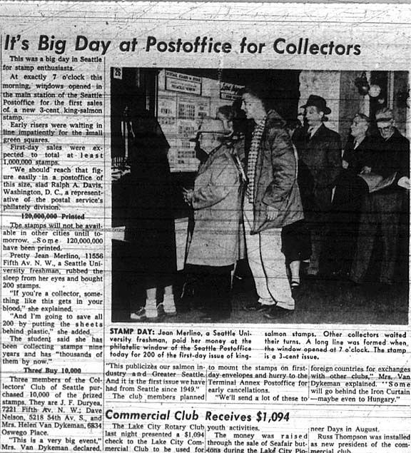 1956 Seattle Times newspaper article describing the first day of issue of the King Salmon Conservation Stamp