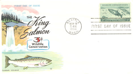 1956 King Salmon Wildlife Conservation Stamp First Day Cover - Fluegel King Salmon and Waterfall