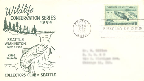 1956 Wildlife Conservation Series Cachet - King Salmon and Waterfall