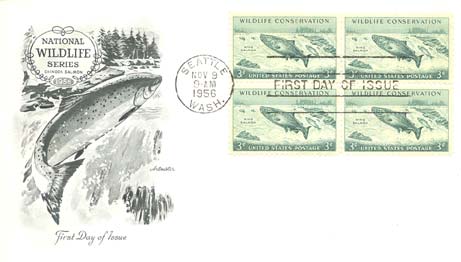 1956 Wildlife Conservation Series Cachet - King Salmon jumping a Waterfall