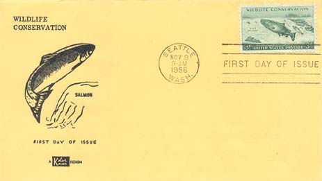 1956 Wildlife Conservation Series Cachet - Simple King Salmon Jumping Waterfall
