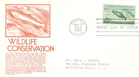 1956 Wildlife Conservation Series Cachet - Red Stylized King Salmon Swimming