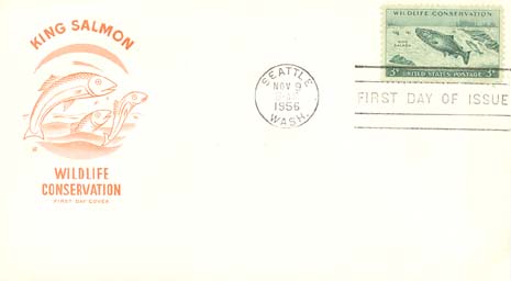 1956 Wildlife Conservation Series Cachet - Three Stylish Red  King Salmon