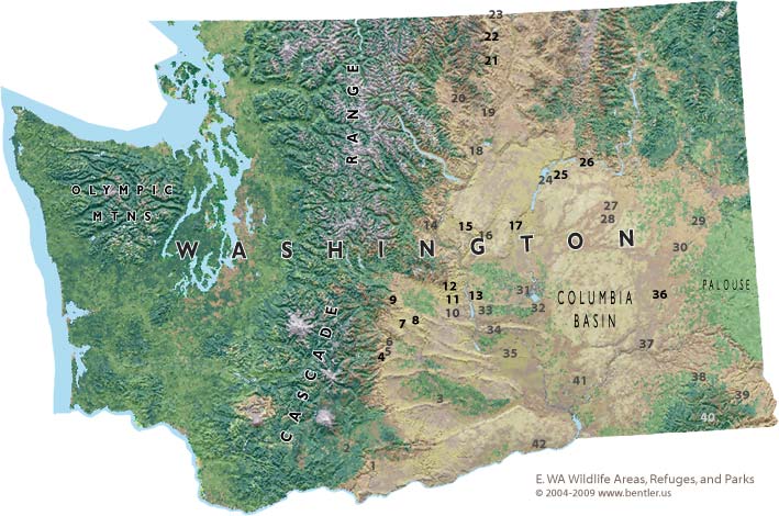 Map of Eastern Washington wildlife viewing areas,  refuges and parks